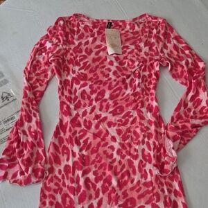 Pink Leopard Print Long Sleeve Dress